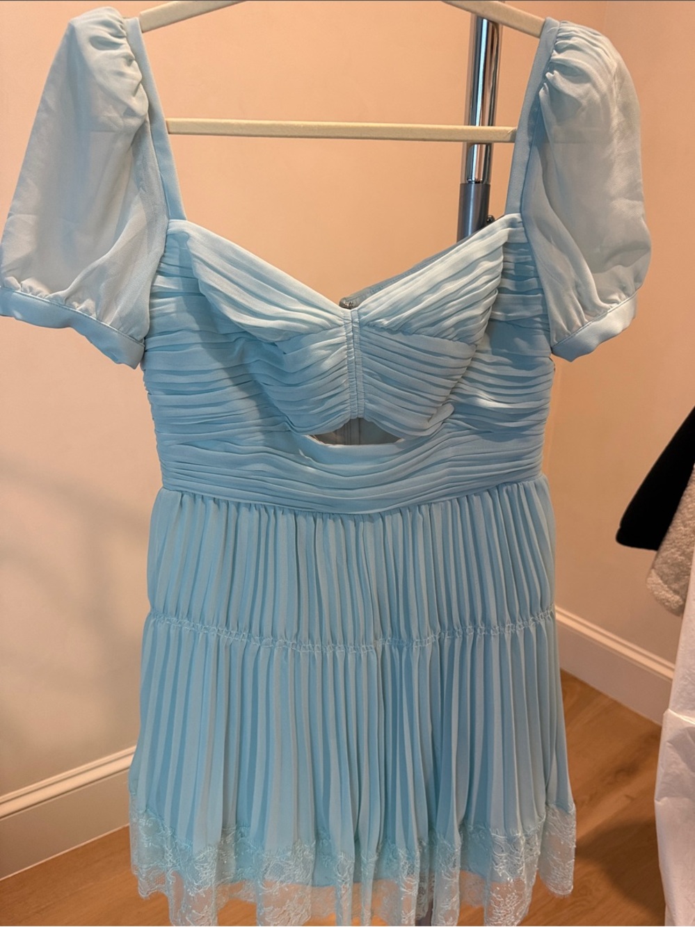 Self Portrait Pleated Lace-trim Mini Dress size Mint Blue/Green US6